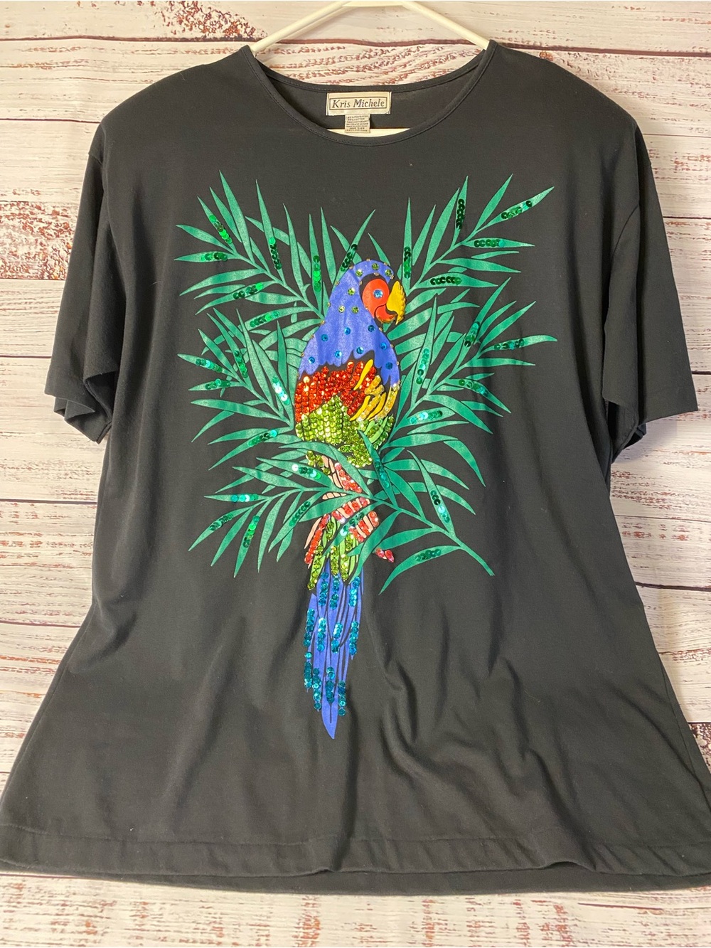 Michele Black Tee with Colorful Parrot and Green Palm Motif Sequin Accents Sz-XL